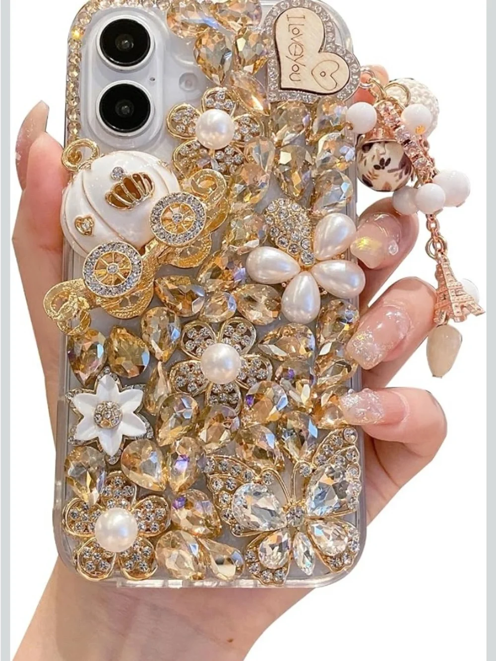 iFiLOVE for iPhone 13 14 Bling Diamond Butterfly Flower Case (Champagne)